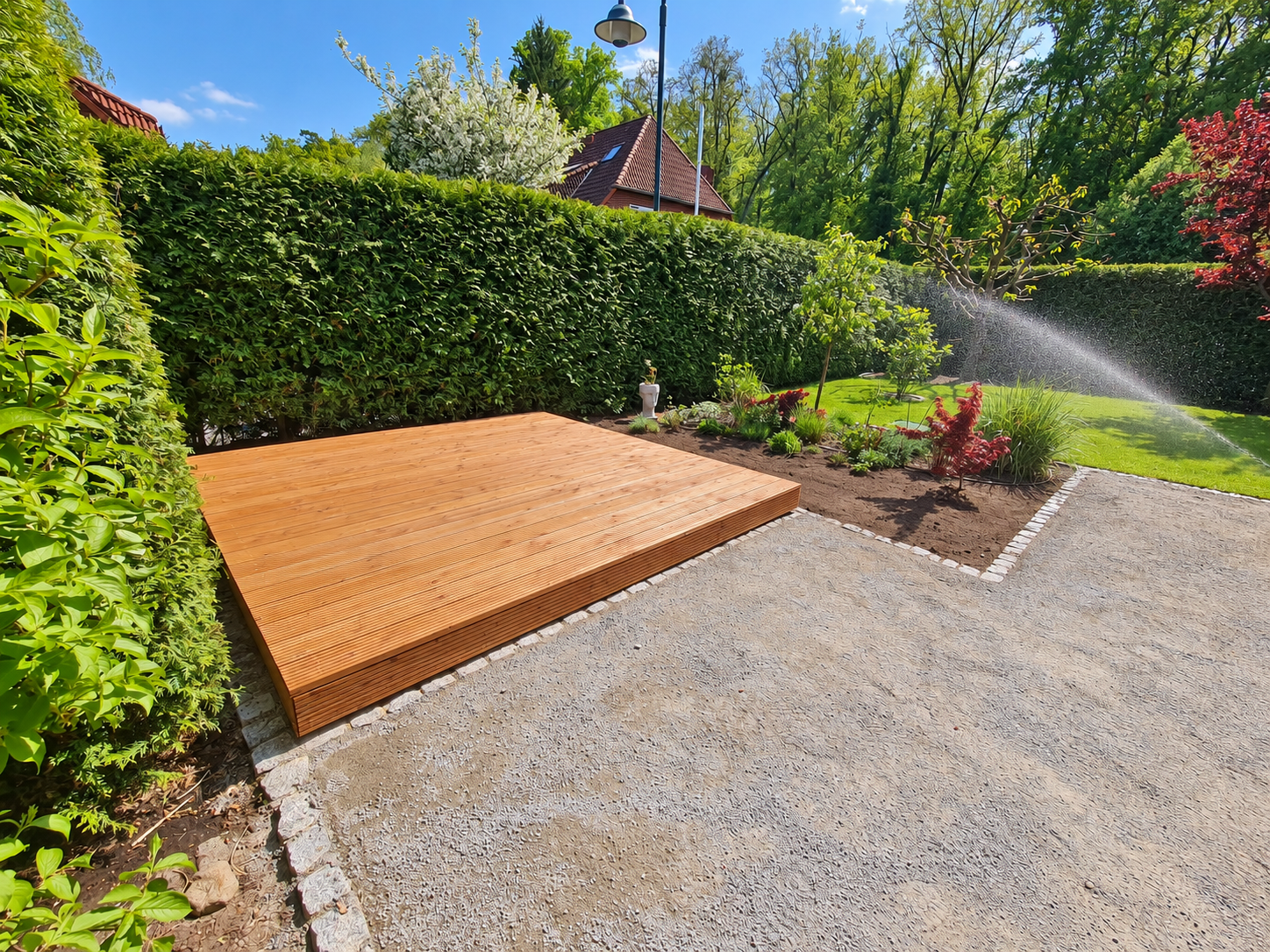 Holzterrasse und grüner Garten mit laufender Rasenbewässerung im Hintergrund