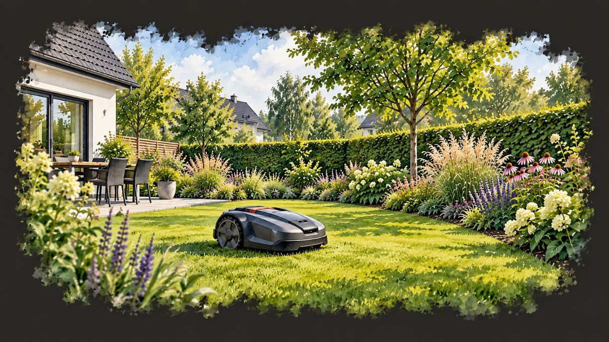 Aquarellillustration eines Mähroboters in einem grünen Garten